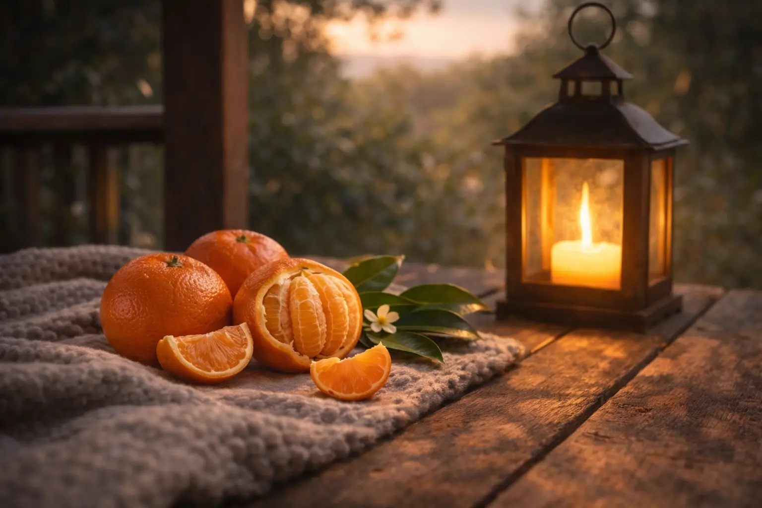 Ripe mandarins near a warm lantern symbolizing comfort and childlike joy