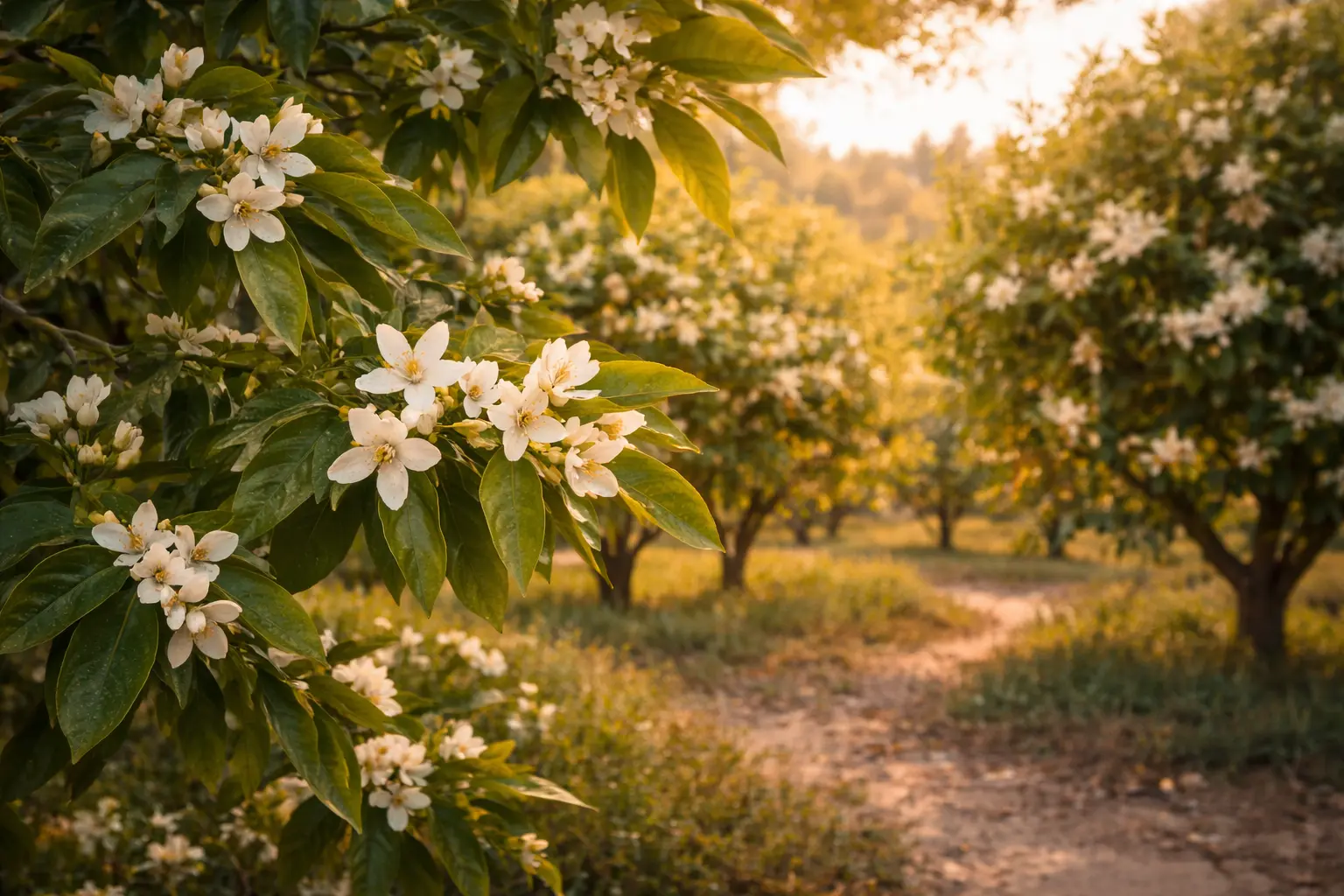 Blooming Citrus aurantium var. amara bitter orange trees in a Mediterranean orchard