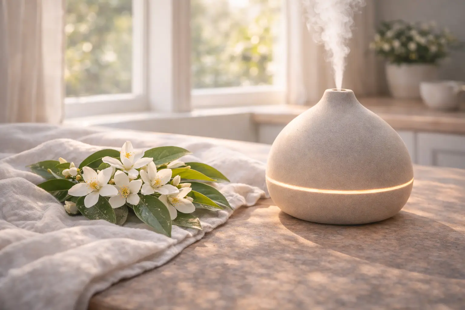 Neroli inspired diffuser setup with fresh bitter orange blossoms and soft linen