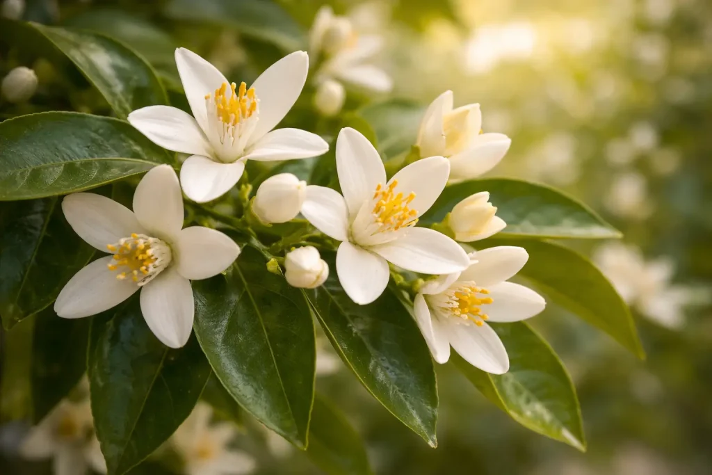 Fresh Citrus aurantium var. amara neroli blossoms with glossy green leaves