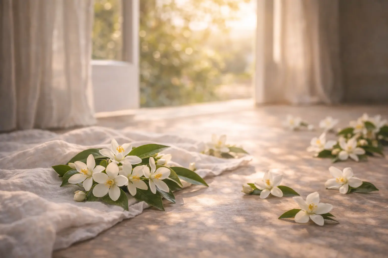 White orange blossoms near an open doorway symbolizing grace and renewal