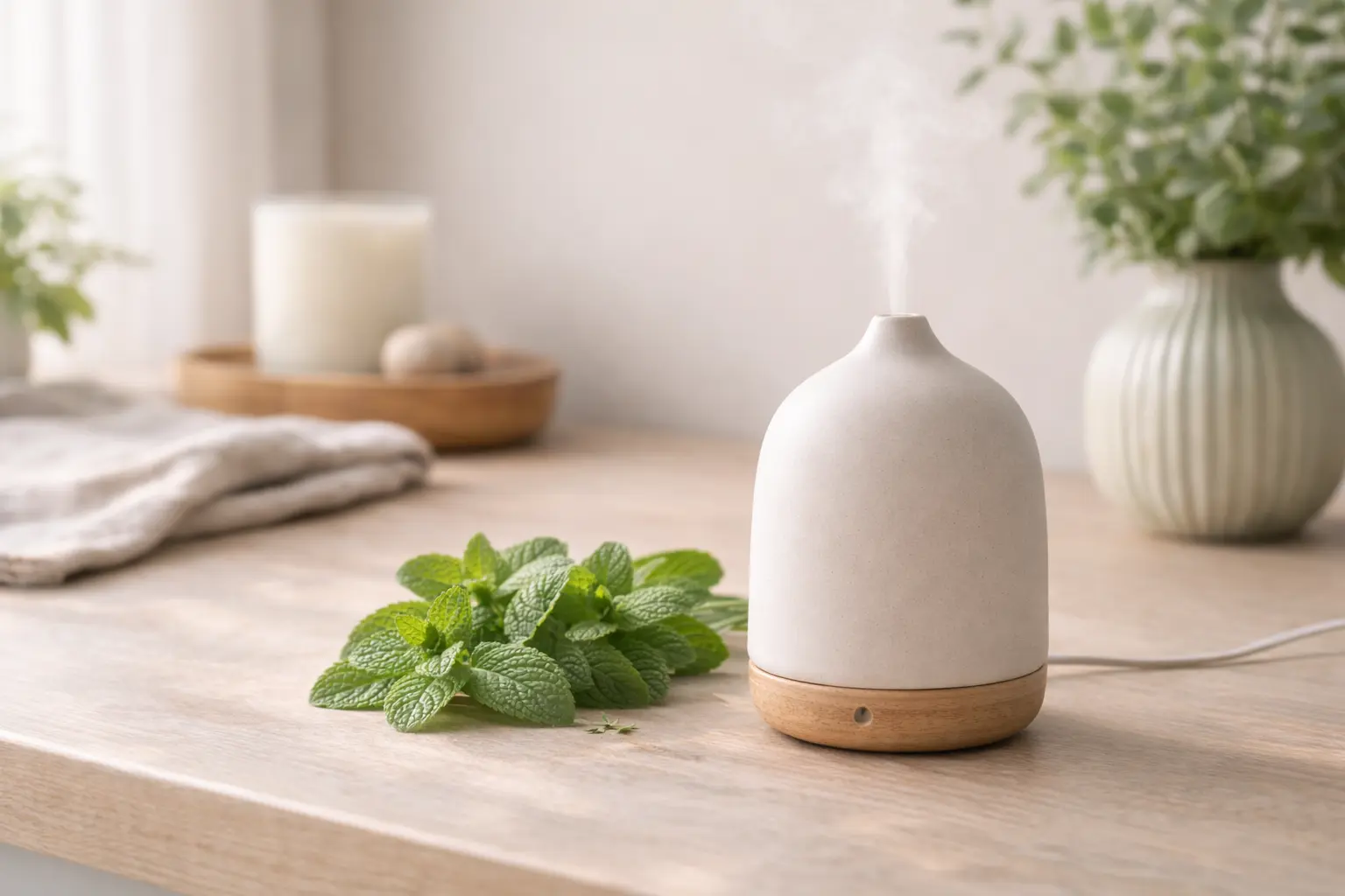 Ceramic diffuser with fresh peppermint leaves in a bright home setting