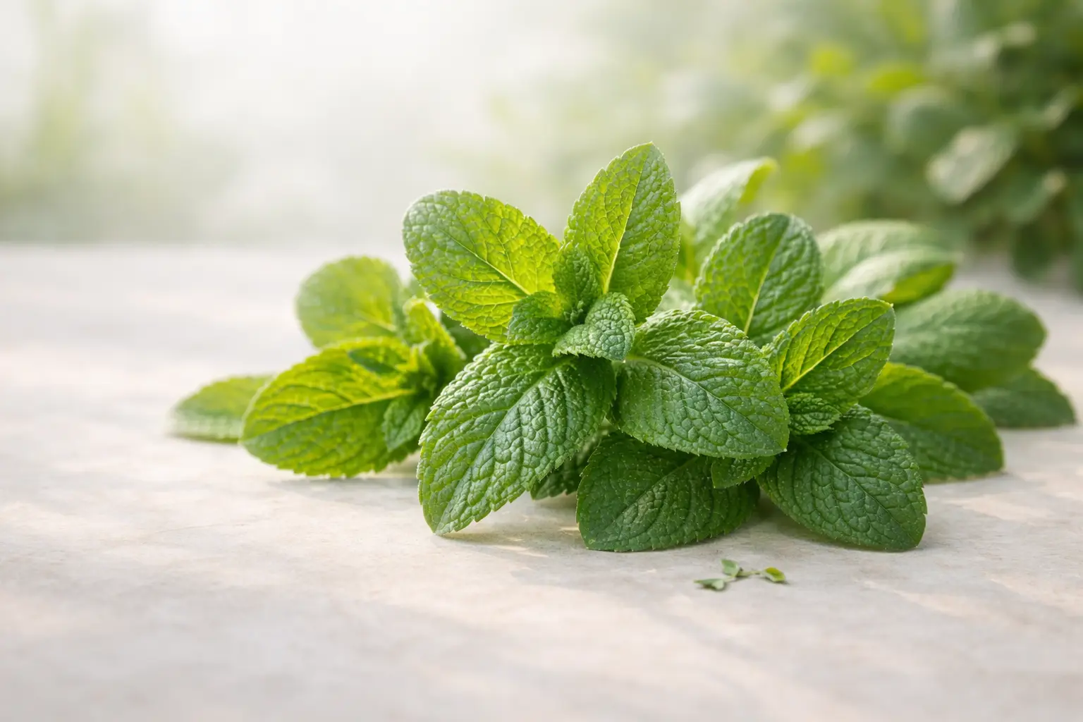 Fresh peppermint leaves in soft natural light