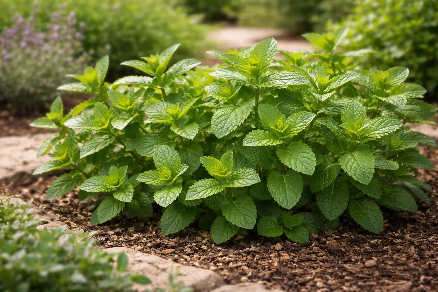 Peppermint plants growing in a natural herb garden