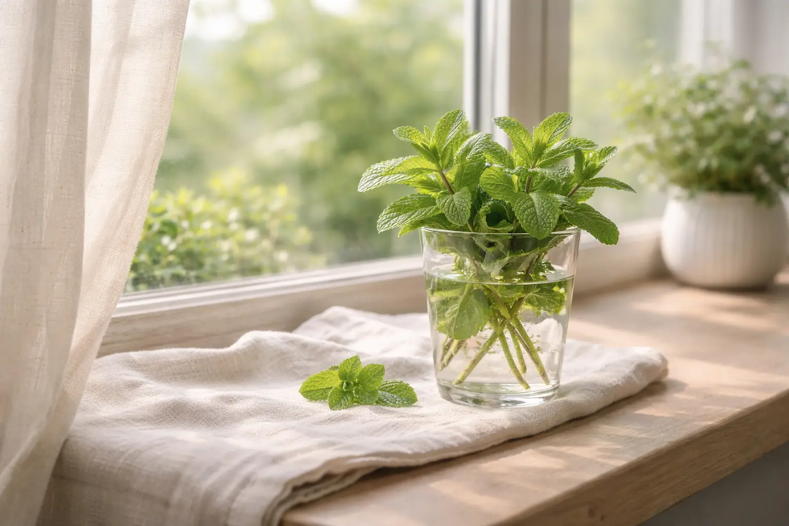 Fresh peppermint stems in a glass near an open morning window