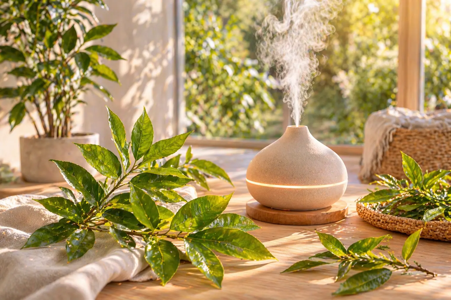Petitgrain inspired diffuser setup with bitter orange leaves and twigs in natural home light