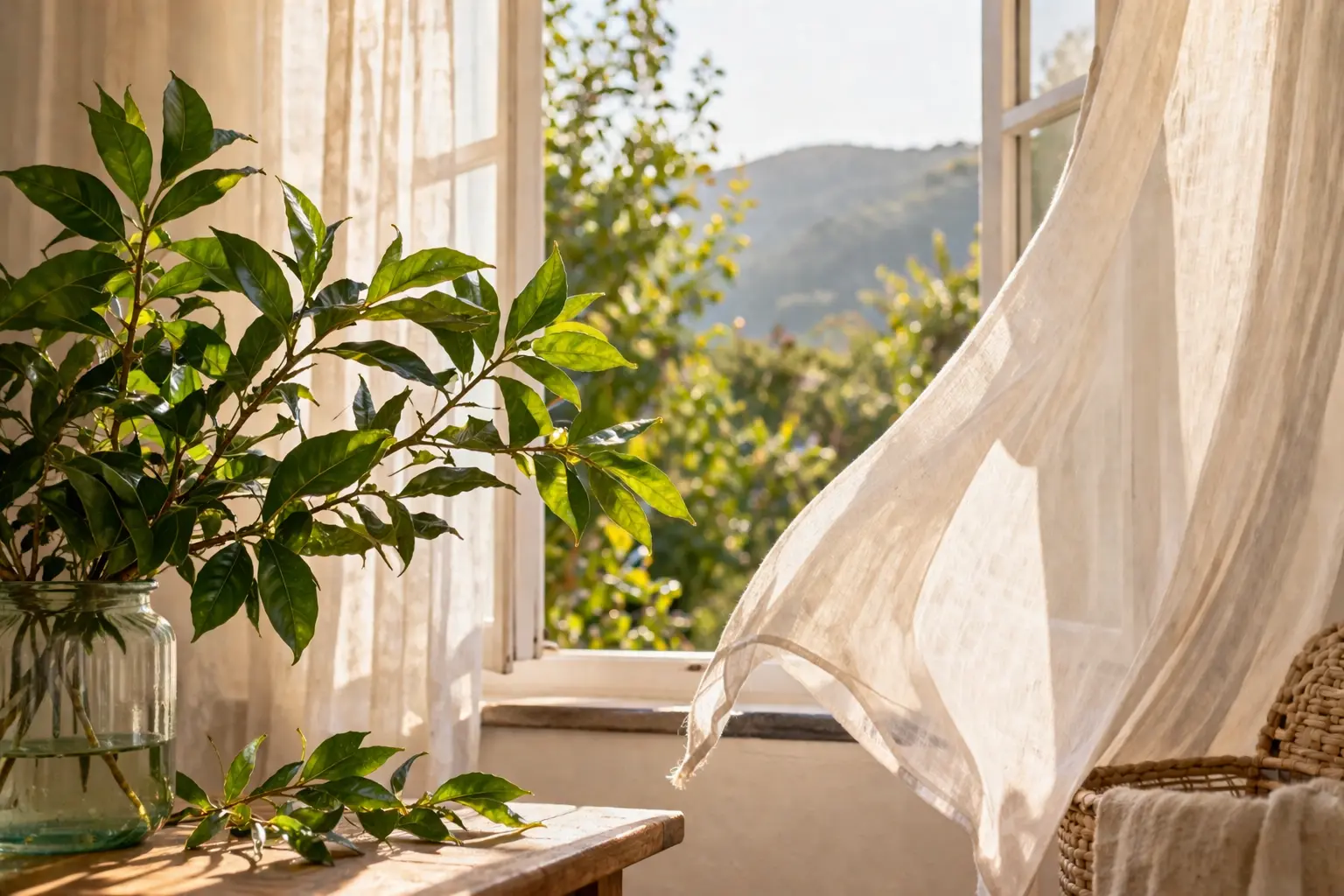 Green bitter orange branches near an open window symbolizing balance and mental clarity