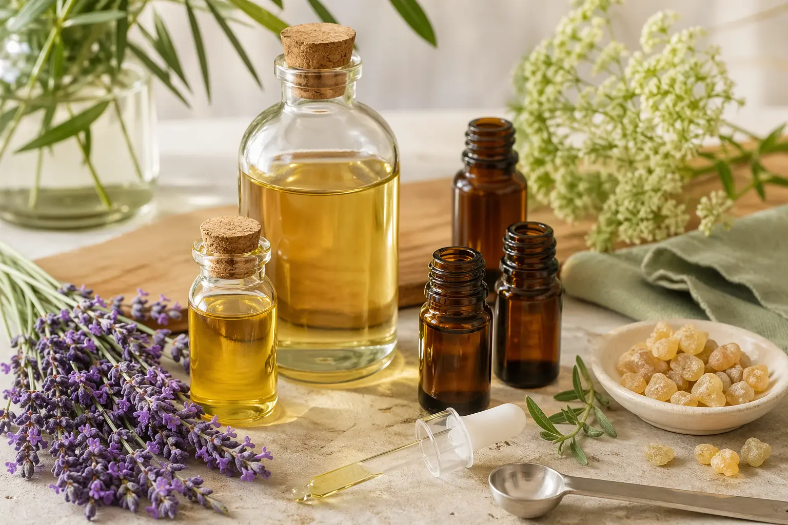 Small bottle of diluted relaxation massage oil with carrier oil, lavender, and unlabeled essential oil bottles