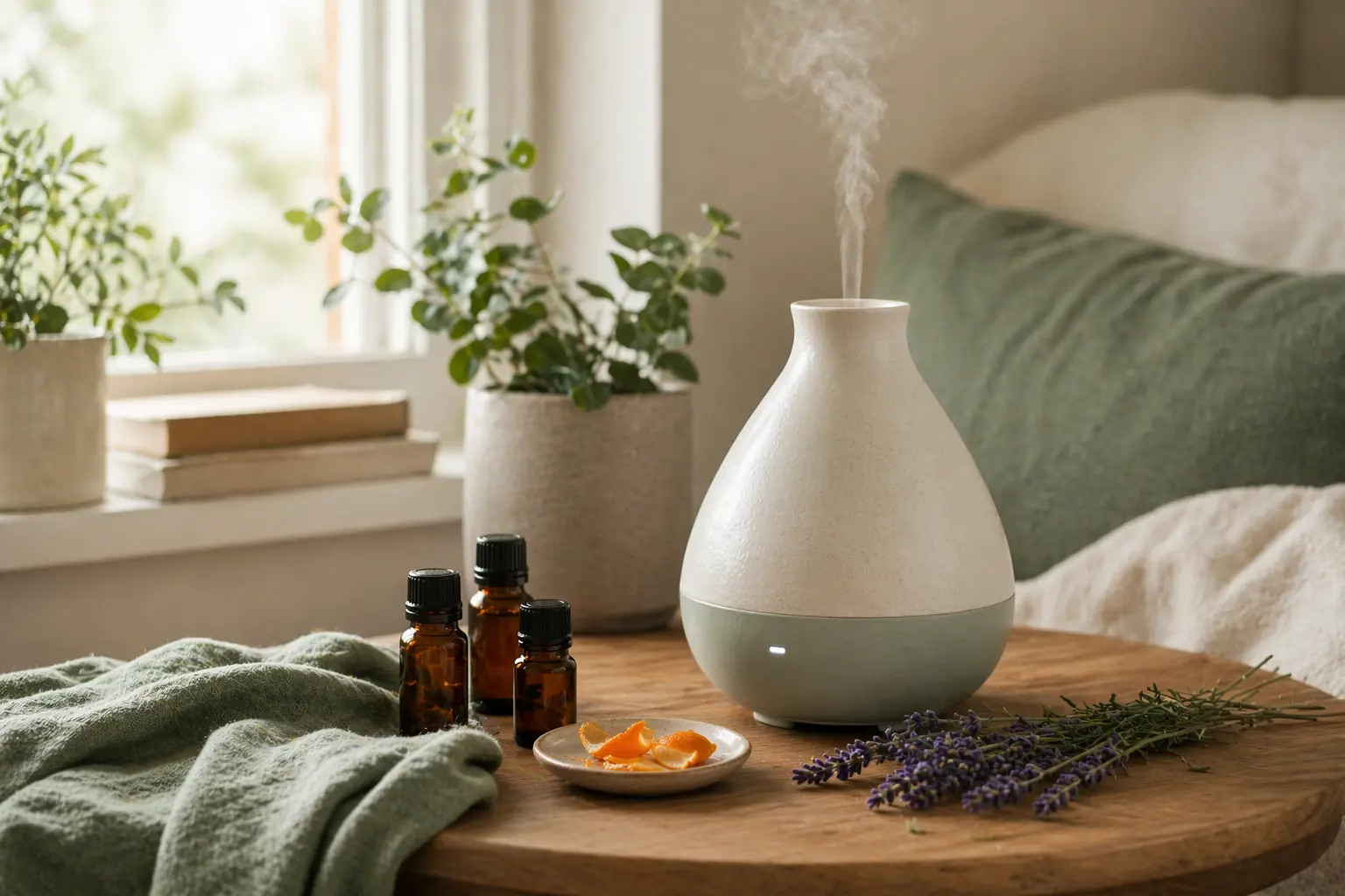 Ceramic diffuser in a calm evening room with lavender, citrus peel, and unlabeled essential oil bottles