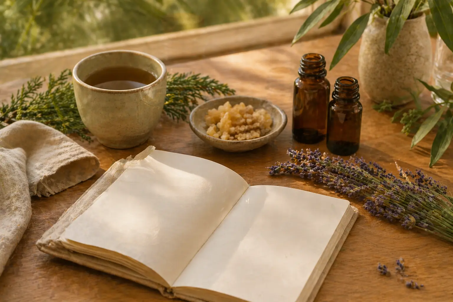 Relaxation routine with journal, tea cup, folded linen, botanicals, and unlabeled amber essential oil bottles