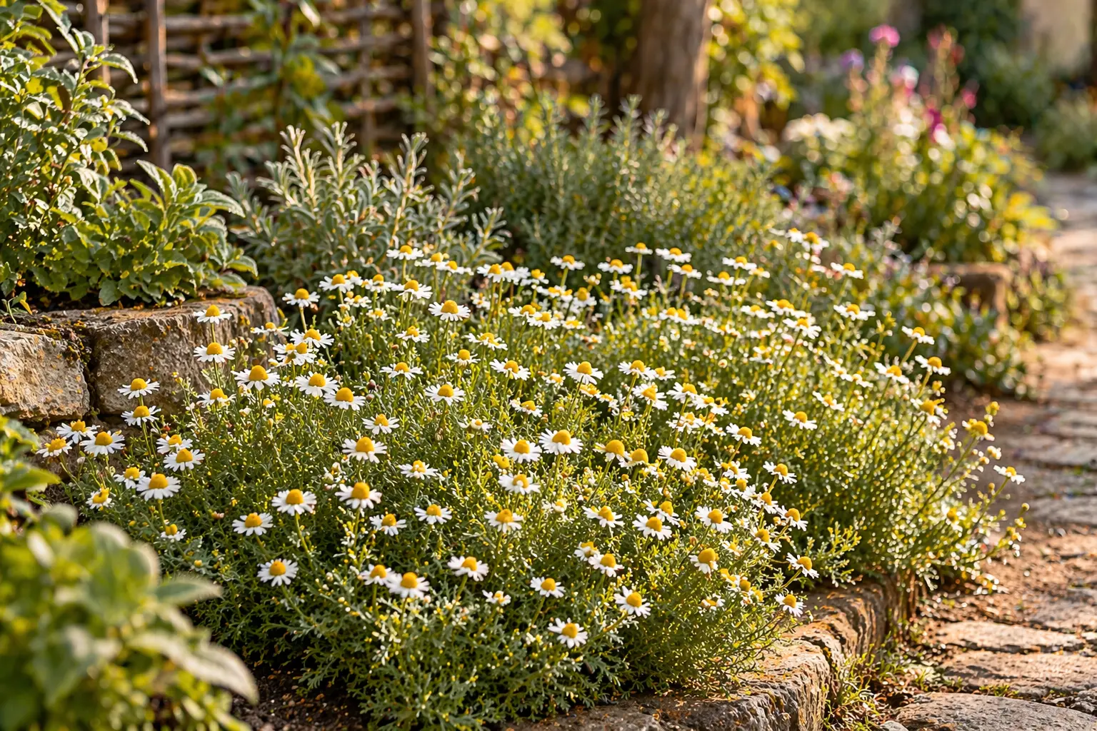 Chamaemelum nobile Roman chamomile growing in a natural herb garden