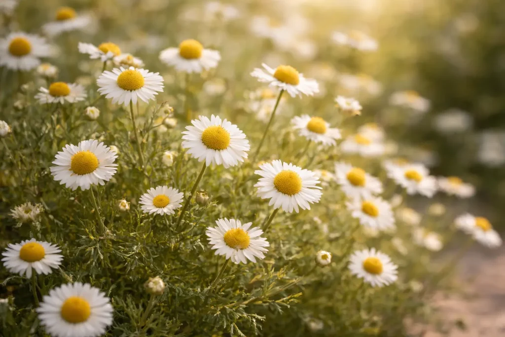 Fresh Chamaemelum nobile Roman chamomile flowers in soft natural light