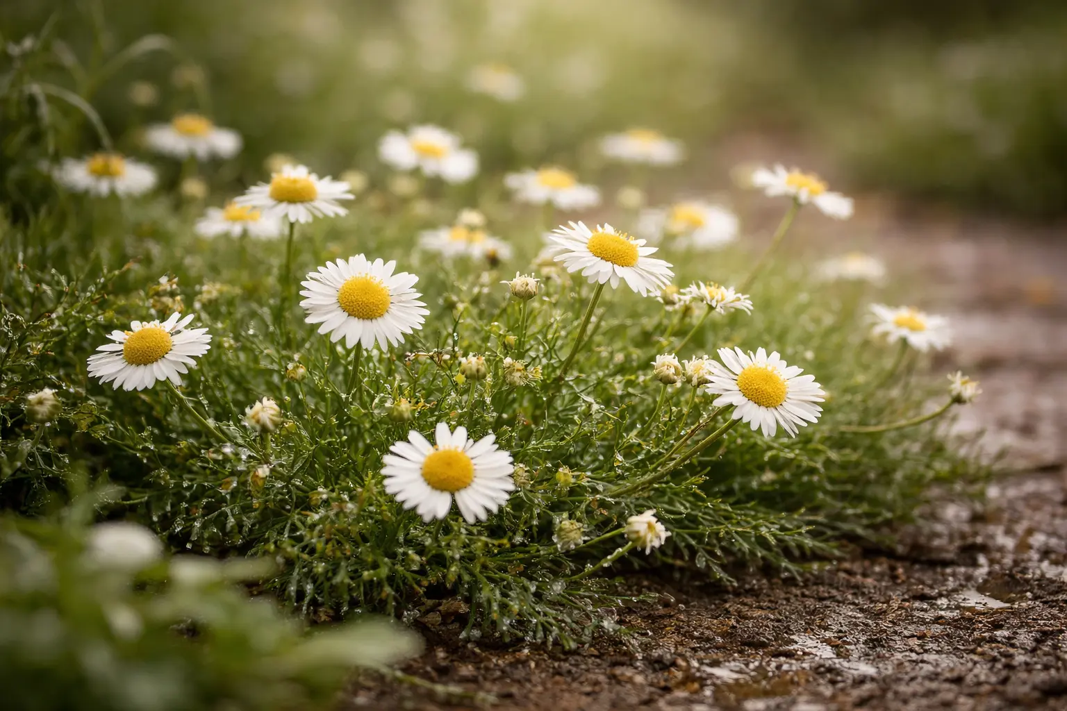 Roman chamomile flowers in a peaceful garden after rain