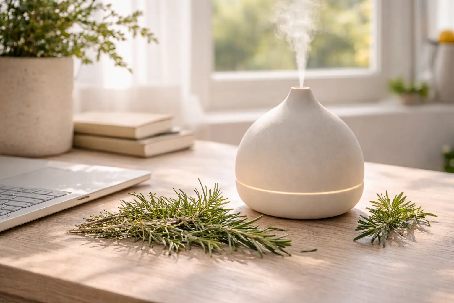 Ceramic diffuser with rosemary sprigs on a calm desk
