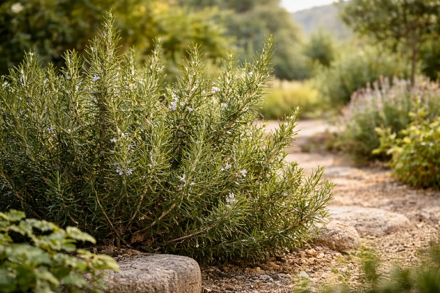 Rosemary shrubs growing in a Mediterranean herb garden