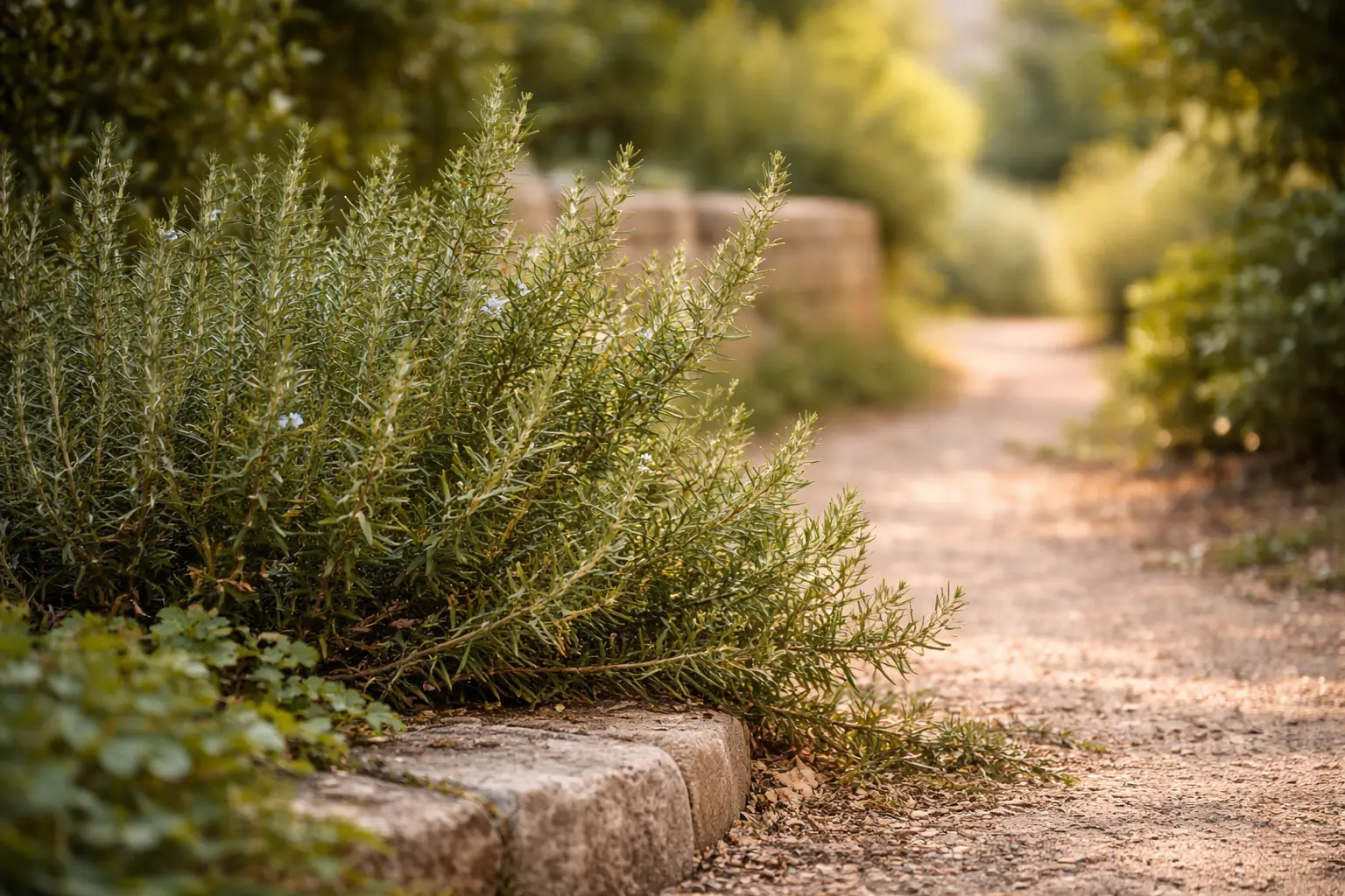 Rosemary growing beside a quiet garden path