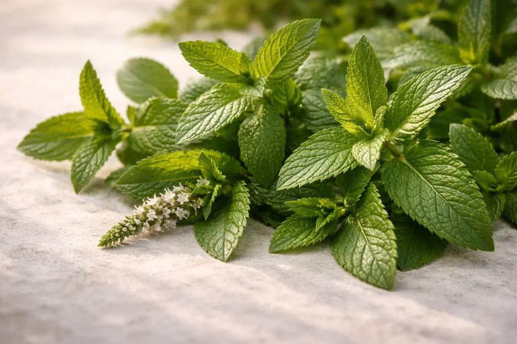 Fresh Mentha spicata spearmint leaves in crisp natural light