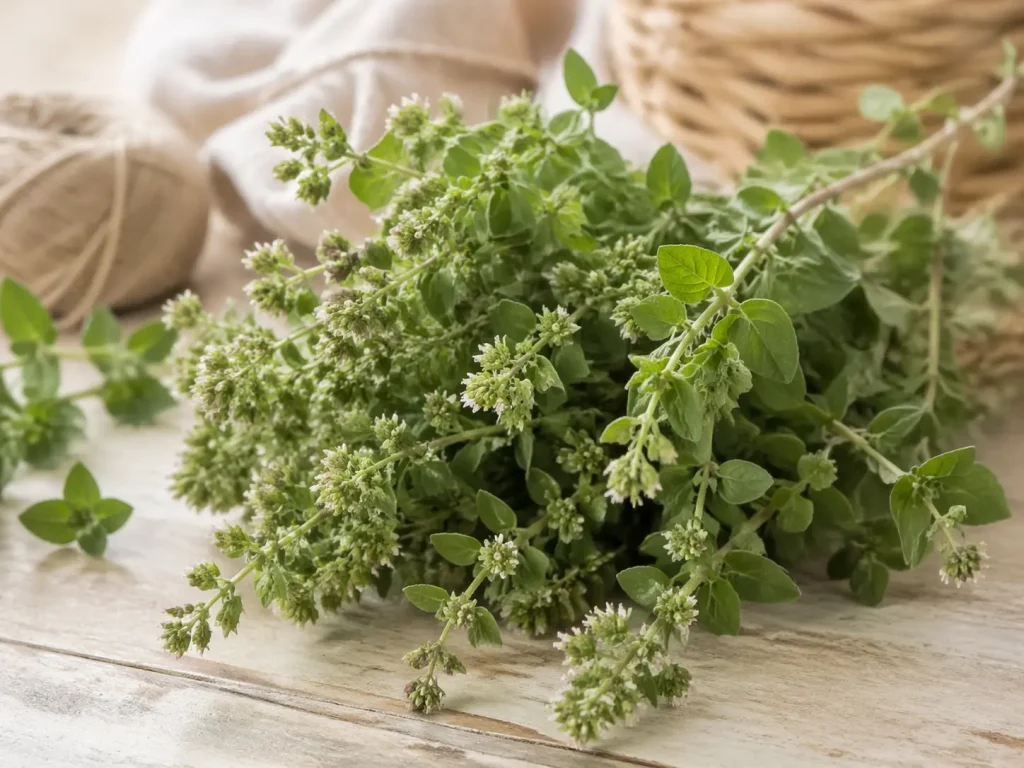 Fresh Origanum majorana sweet marjoram sprigs in soft natural light