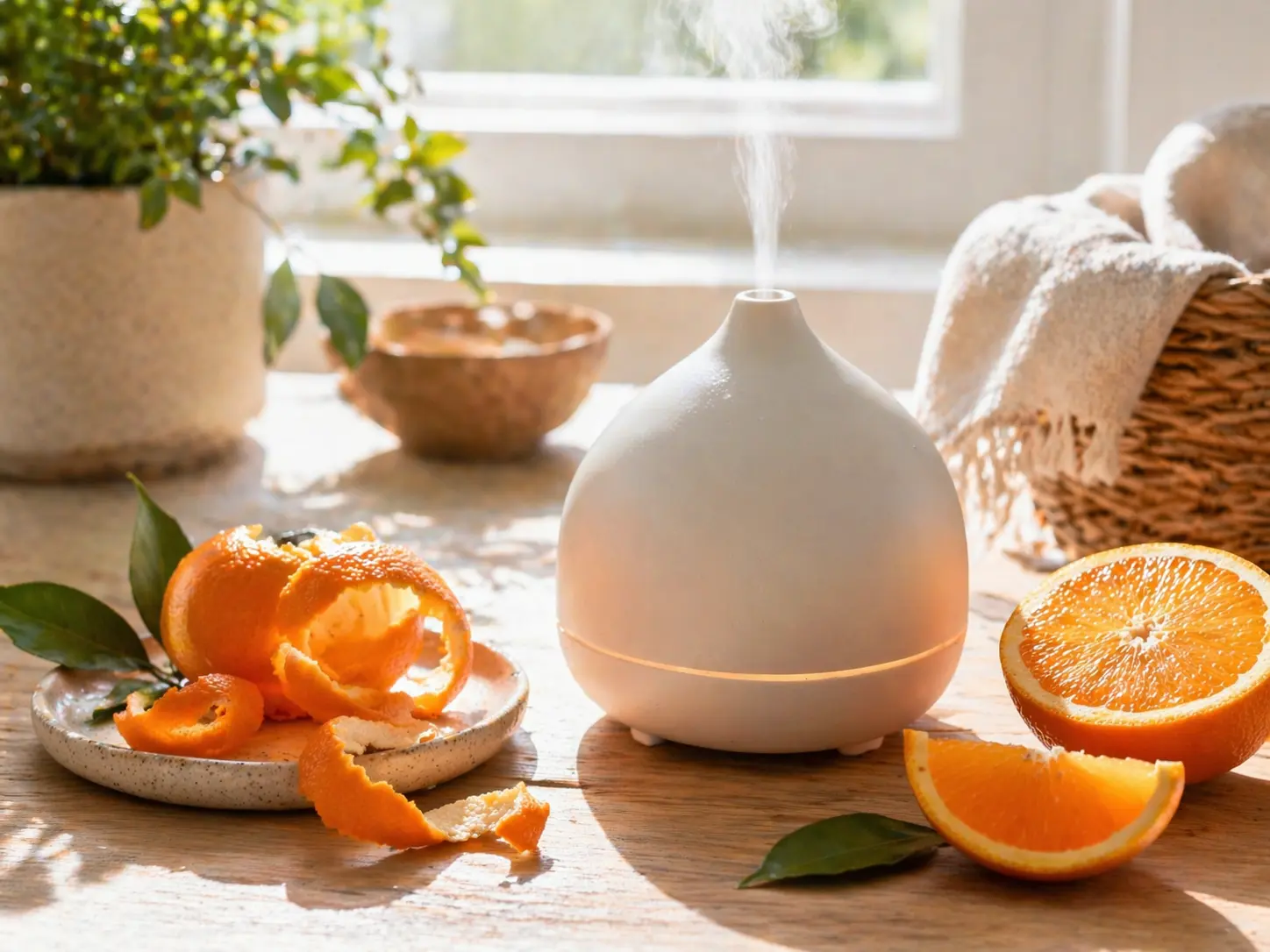 Ceramic diffuser with orange peel and fresh leaves in a bright home setting