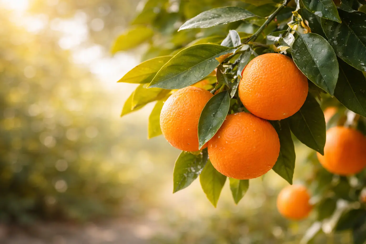 Fresh sweet oranges and green leaves in soft natural light