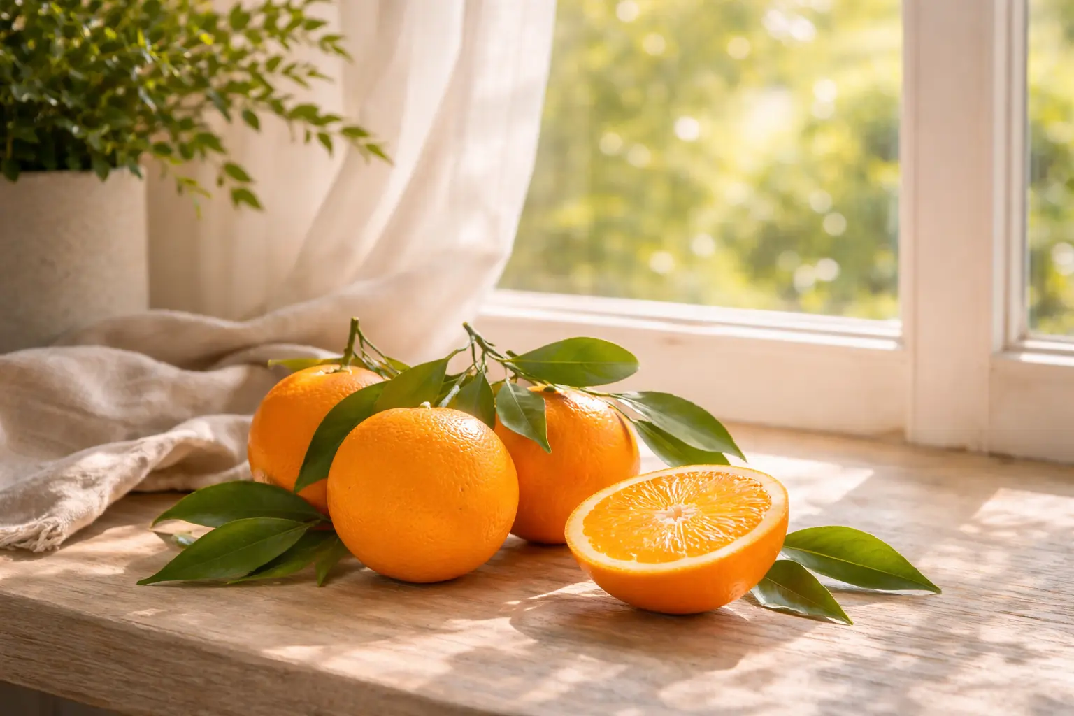 Fresh oranges near an open sunlit window