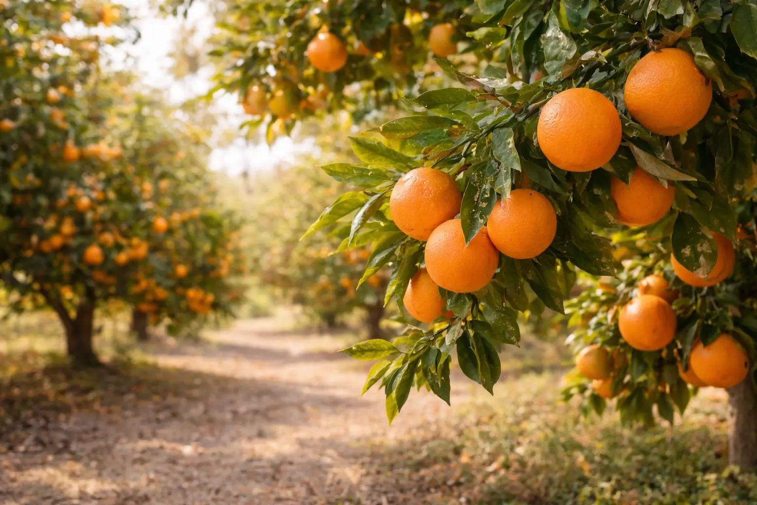 Sweet orange trees growing in a citrus orchard