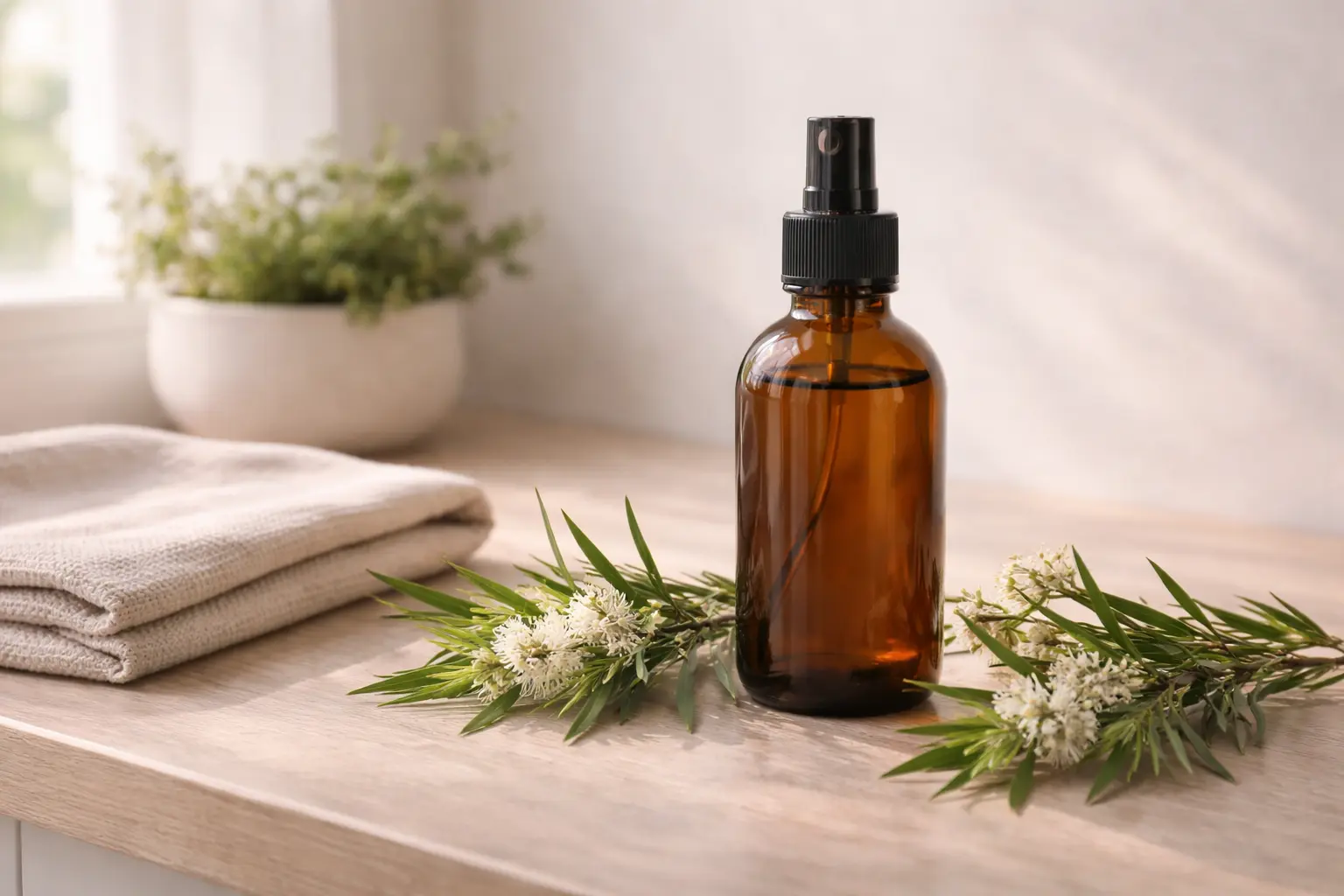 Unbranded home-care spray bottle with fresh green leaves and cloth