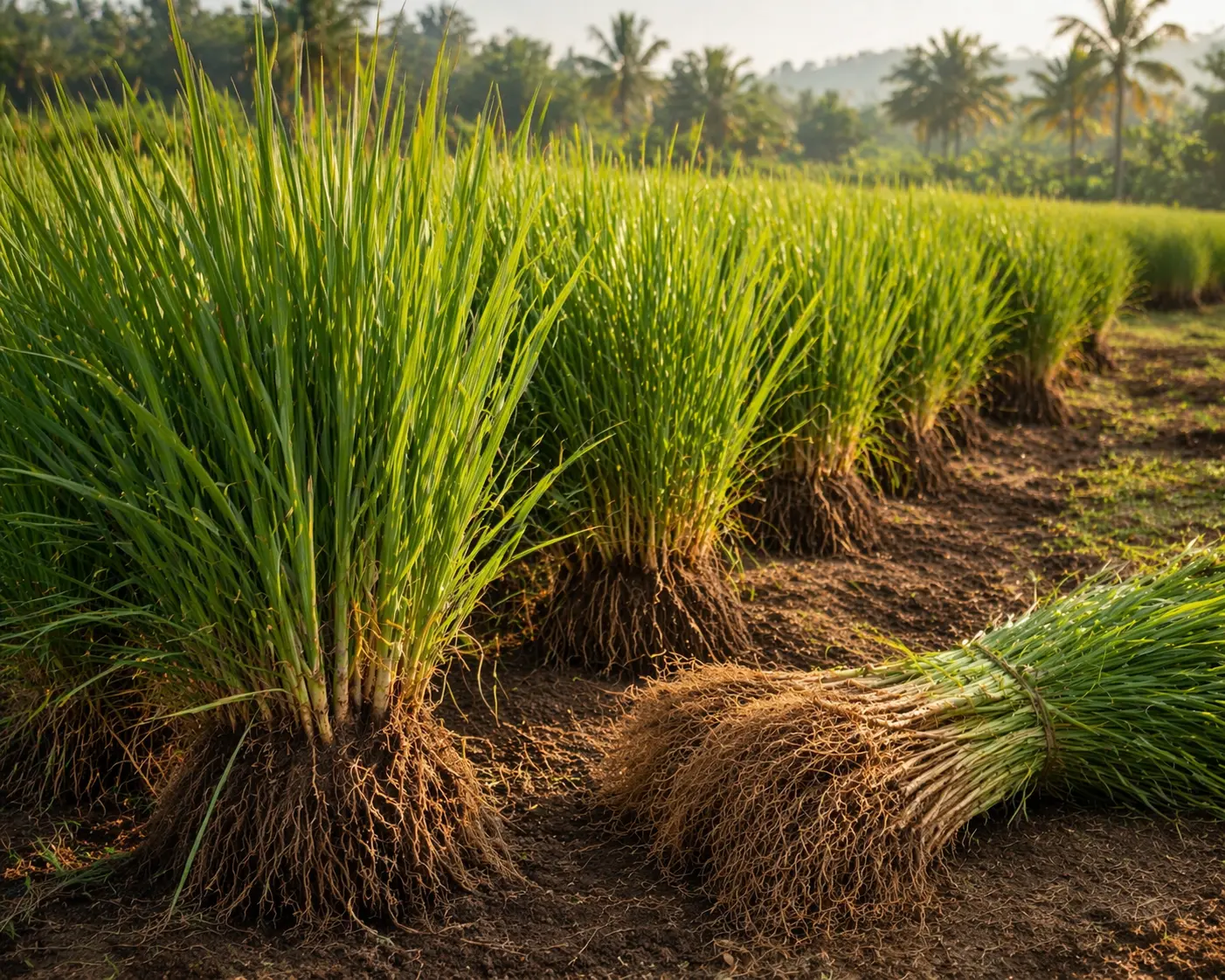 Chrysopogon zizanioides vetiver grass growing in a warm cultivated field