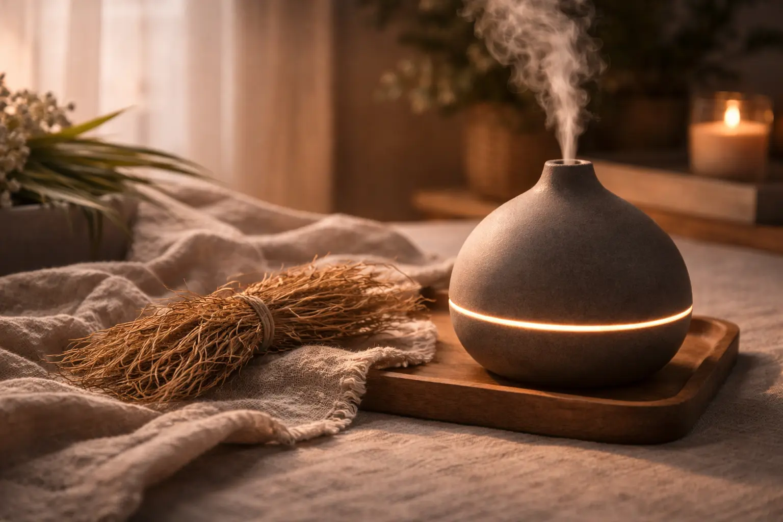 Vetiver inspired diffuser setup with dried Chrysopogon zizanioides roots and warm evening light