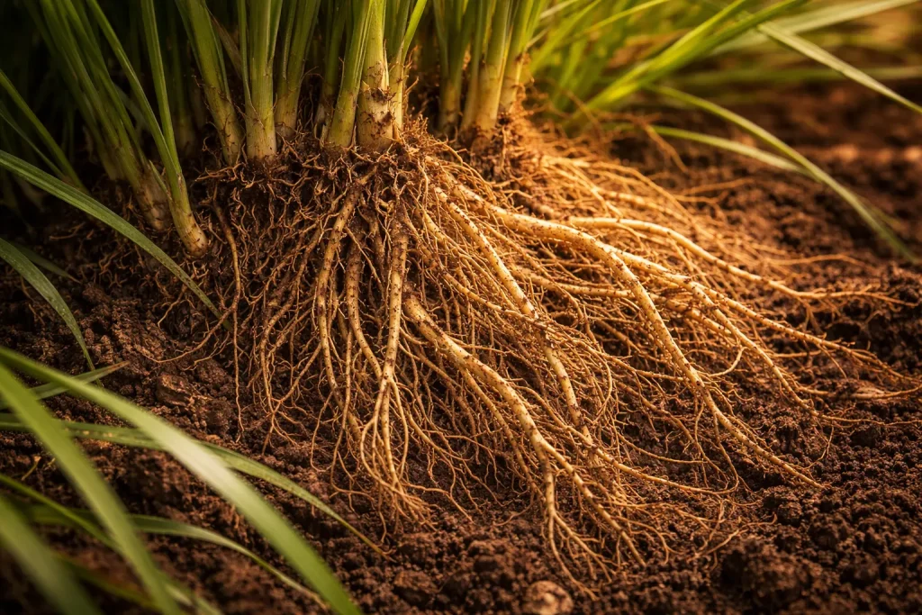 Vetiver roots in wet earth after rain symbolizing deep grounding and stability