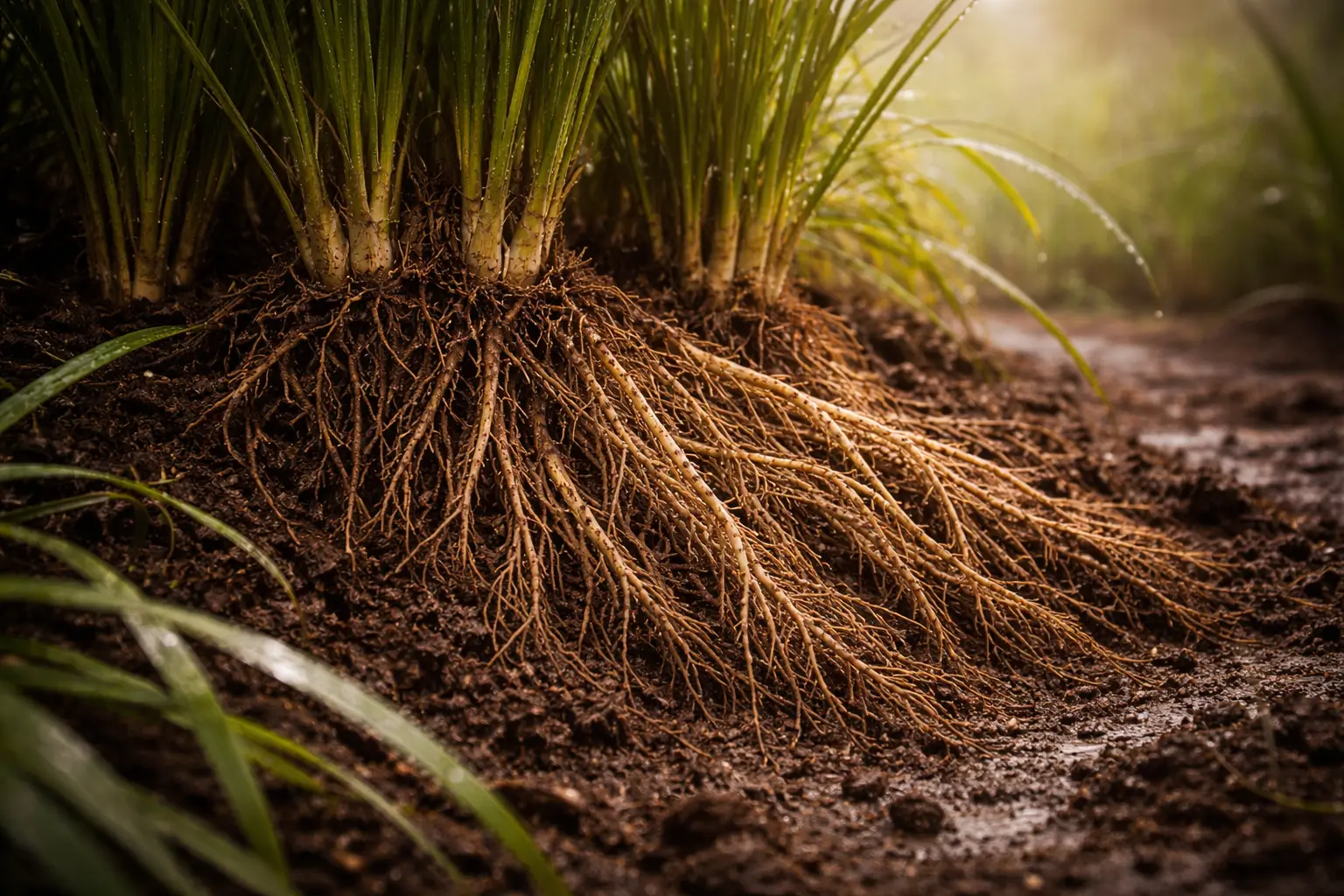 Vetiver roots in wet earth after rain symbolizing deep grounding and stability
