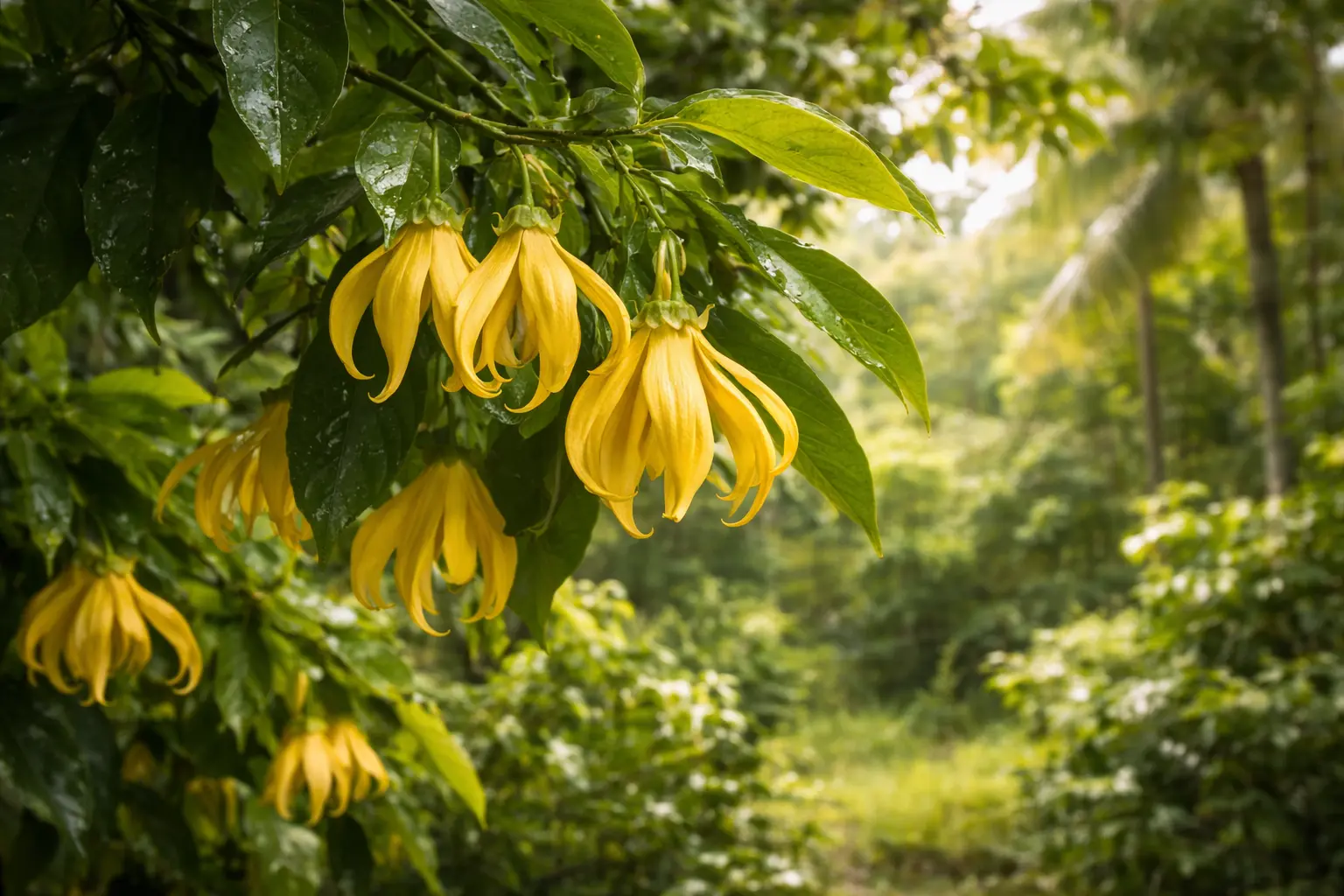 Cananga odorata ylang ylang tree flowering in a tropical garden