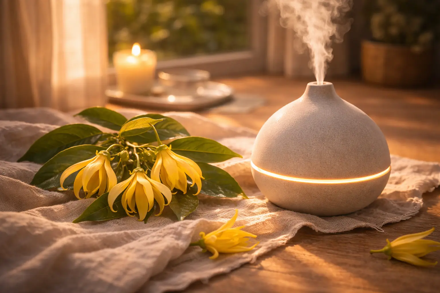 Ylang ylang inspired diffuser setup with fresh Cananga odorata flowers in warm evening light