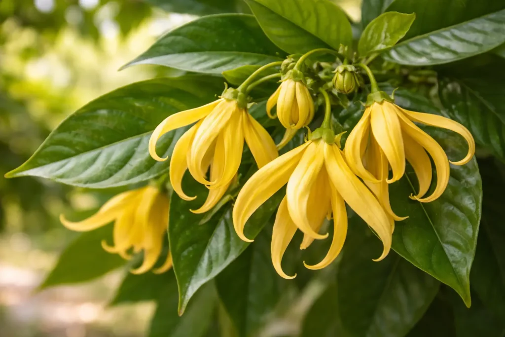 Fresh yellow Cananga odorata ylang ylang flowers with green leaves in tropical light