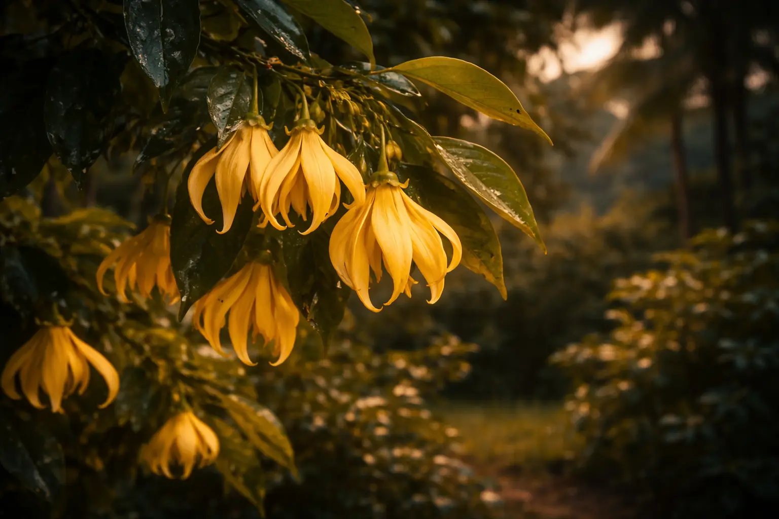 Ylang ylang flowers glowing at dusk symbolizing softness and sensuality